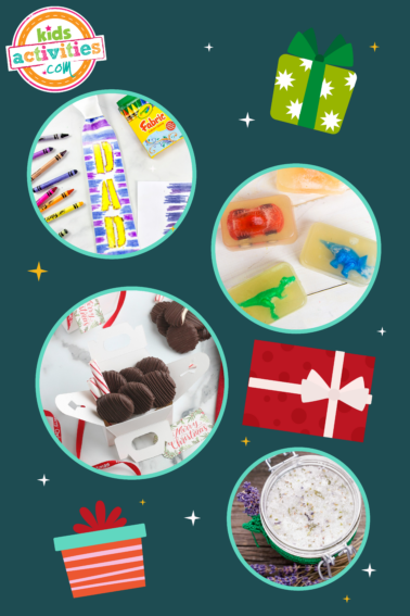 Different homemade Christmas gifts that kid can make - chocolates, toy soaps, ties, paper plate crafts.