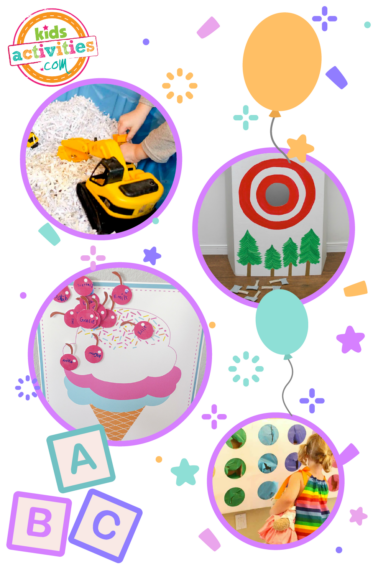 Picture shows a collage of circular images with purple borders with a white background accented by blue and yellow balloons, purple and yellow stars, and toddler wooden letter blocks from Kids Activities Blog.