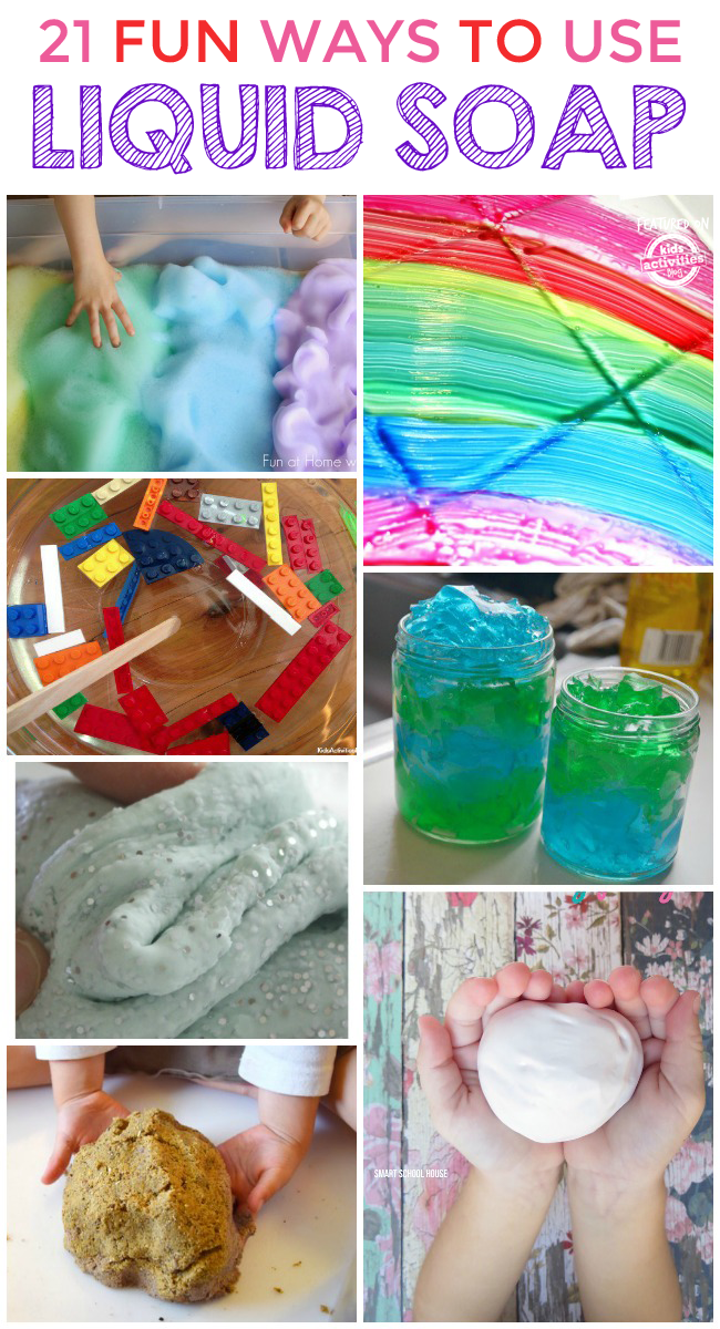 21 Super Cool Things To Make With Liquid Soap - collage of different ideas of fun things kids can make with soap - Kids Activities Blog