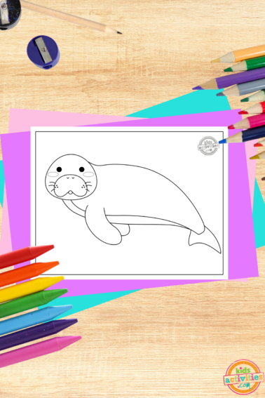Manatee coloring page printed pdf on wooden background with coloring supplies- kids activities blog
