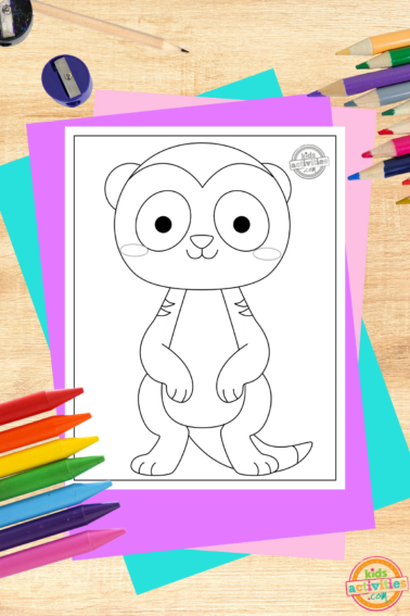 Meerkat coloring page printed pdf on wooden background with coloring accessories- kids activities blog