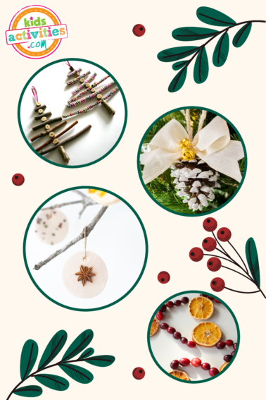 image shows different natural ornaments in a festive background. from Kids Activities Blog