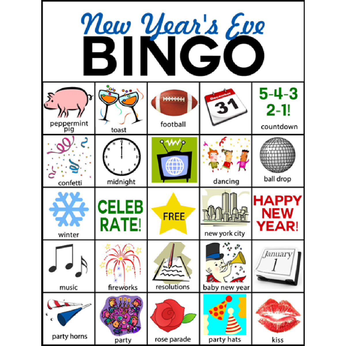 New Years Activities- bingo printable in color- kids activities blog