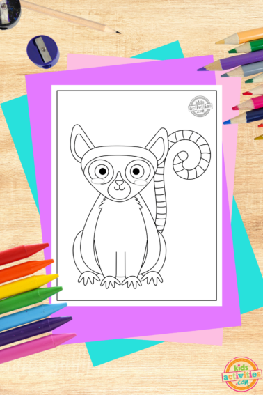 Lemur coloring page for kids printed pdf on wood background with coloring supplies- kids activities blog