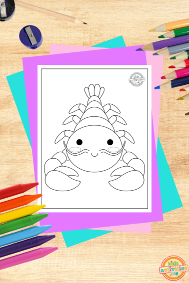 Lobster coloring page printed pdf on wooden backgrounds with coloring supplies- kids activities blog